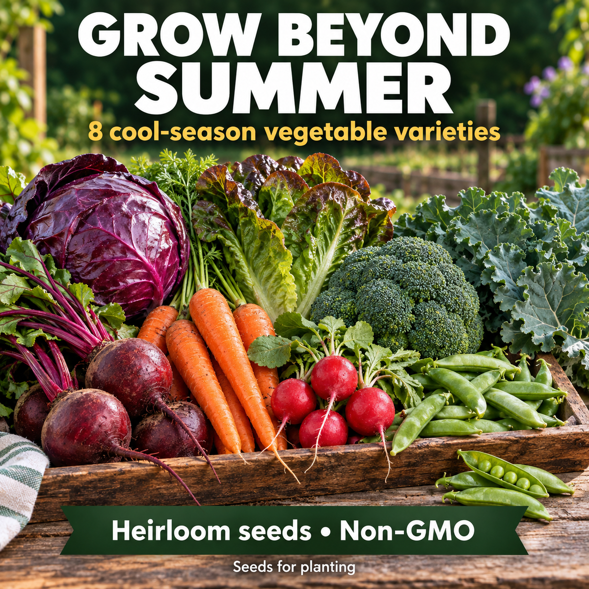 Eight cool-season vegetables illustrating an heirloom seed assortment for spring, fall and suitable winter climates