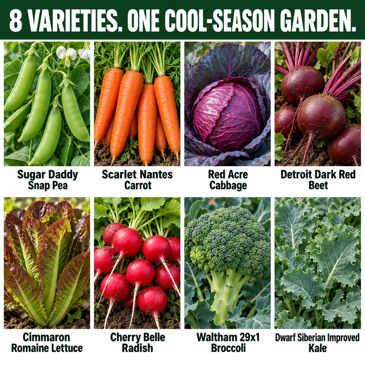 Sugar Daddy peas, Scarlet Nantes carrots, Red Acre cabbage, Detroit Dark Red beets, Cimmaron lettuce, Cherry Belle radishes, Waltham broccoli and Dwarf Siberian kale