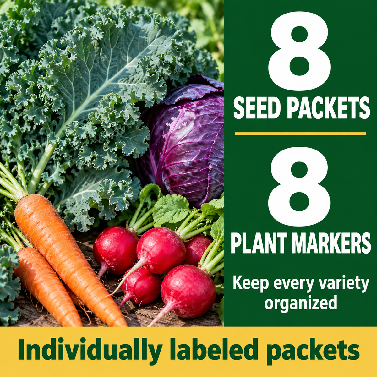 Cool-season vegetable seed assortment includes eight individually labeled seed packets and eight plant markers