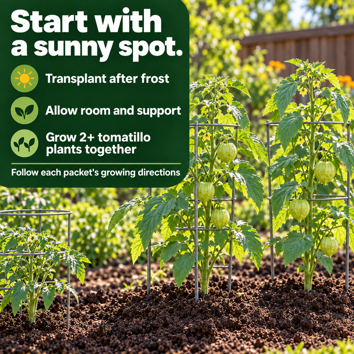 Two separate tomatillo plants with guidance on sunlight, frost and support