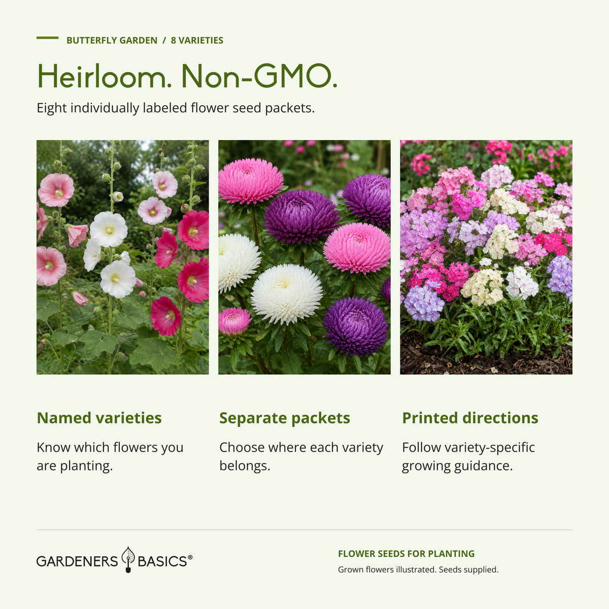 Heirloom and non-GMO flower seeds, supplied in individually labeled packets with growing directions.