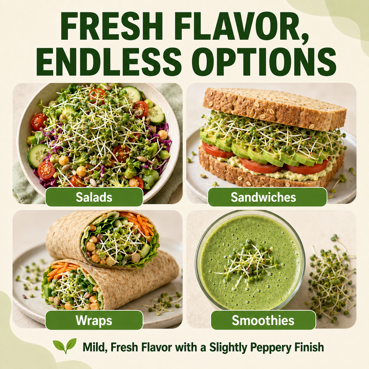 Promotional graphic for a salad and snack mix, featuring four panels showing prepared foods: a green salad with cucumbers and sprouts, a sandwich with avocado and sprouts on whole wheat, wraps with chickpeas and carrots, and a green smoothie. Large text reads 'FRESH FLAVOR, ENDLESS OPTIONS' with smaller text 'Mild, Fresh Flavor with a Slightly Peppery Finish.