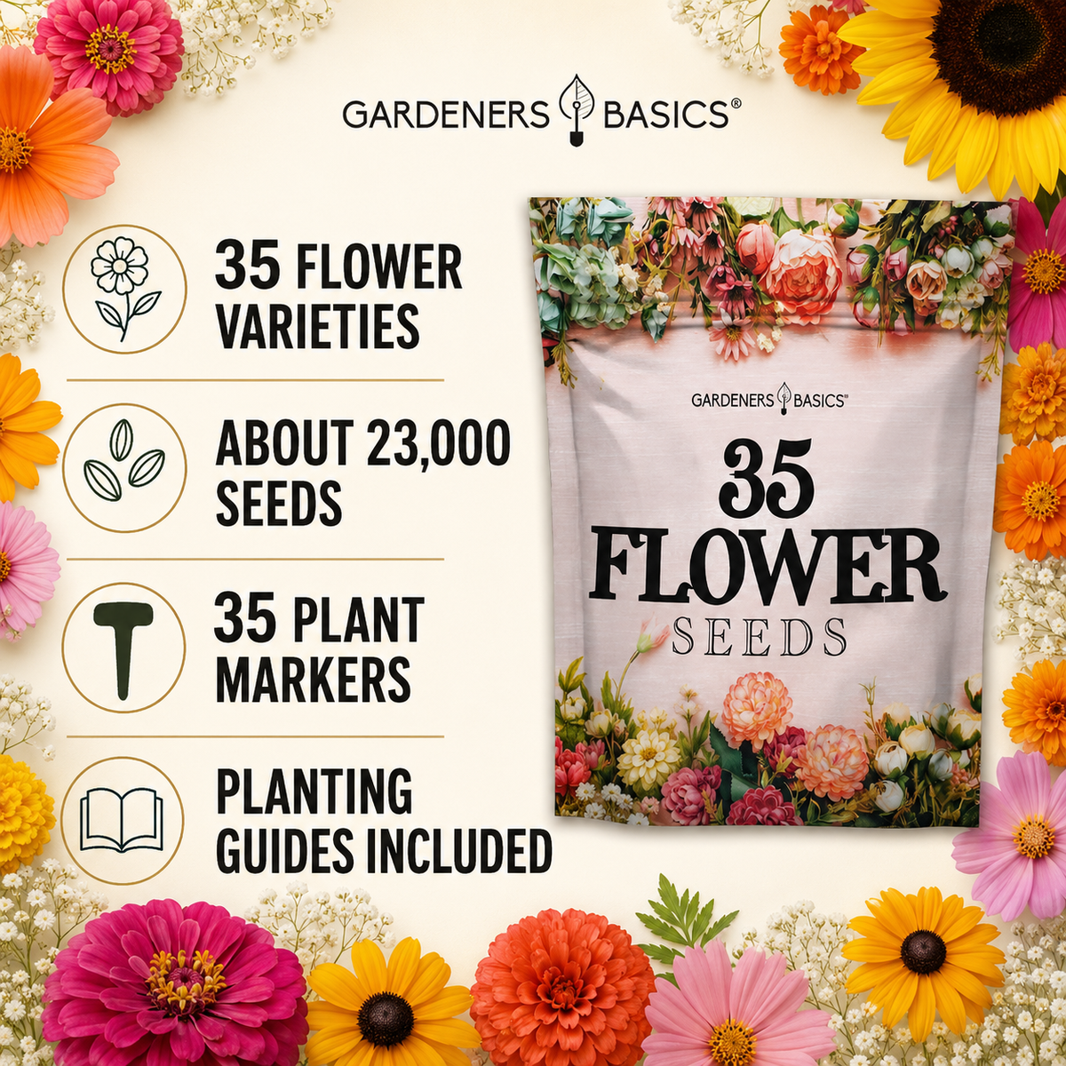 Gardeners Basics 35 Flower Seeds bag shown on a cream background with decorative flowers around the edges and text listing key features: 35 flower varieties, about 23,000 seeds, 35 plant markers, and planting guides included.