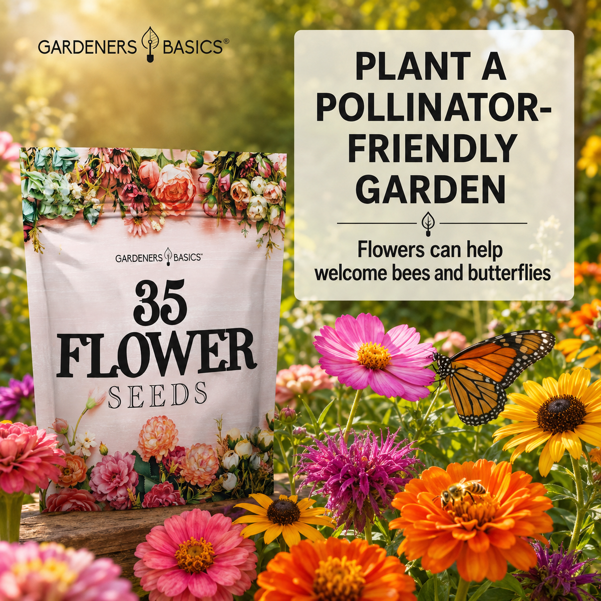 Gardeners Basics 35 Flower Seeds bag shown in a colorful garden scene with flowers and a monarch butterfly, alongside text that says 'Plant a Pollinator-Friendly Garden' and 'Flowers can help welcome bees and butterflies.'.