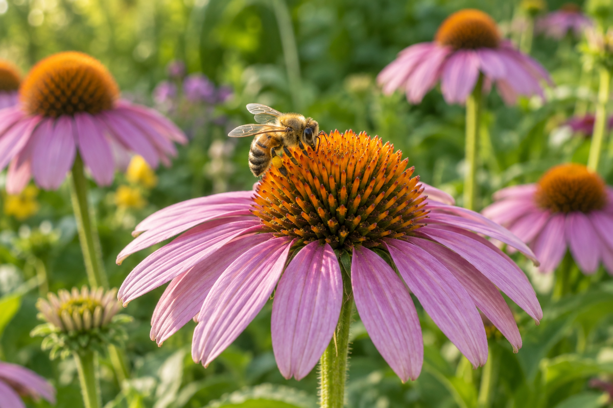 Honeybee collecting pollen on a purple coneflower in a garden