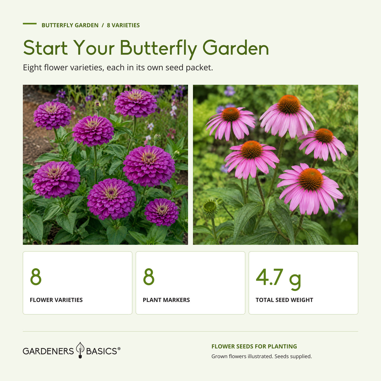 Butterfly Garden seed collection with 8 flower varieties, 8 plant markers and 4.7 g total seed weight.