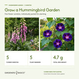 Hummingbird Garden collection with five flower varieties, five plant markers and 4.7 g total seed weight; foxglove and morning glory flowers illustrated.