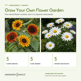 Flower Garden collection with five flower varieties in separate seed packets and five plant markers.