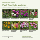 The eight Butterfly Garden flower varieties, individually named beside illustrative flower images.