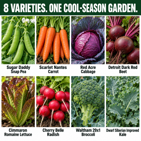 Sugar Daddy peas, Scarlet Nantes carrots, Red Acre cabbage, Detroit Dark Red beets, Cimmaron lettuce, Cherry Belle radishes, Waltham broccoli and Dwarf Siberian kale