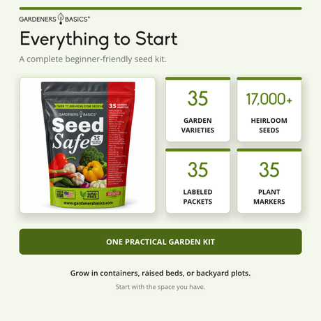 Promotional graphic for Gardeners Basics Seed Safe seed kit, showing a resealable pouch of seeds alongside four green-and-white feature callouts: 35 garden varieties, 17,000+ heirloom seeds, 35 labeled packets, and 35 plant markers.