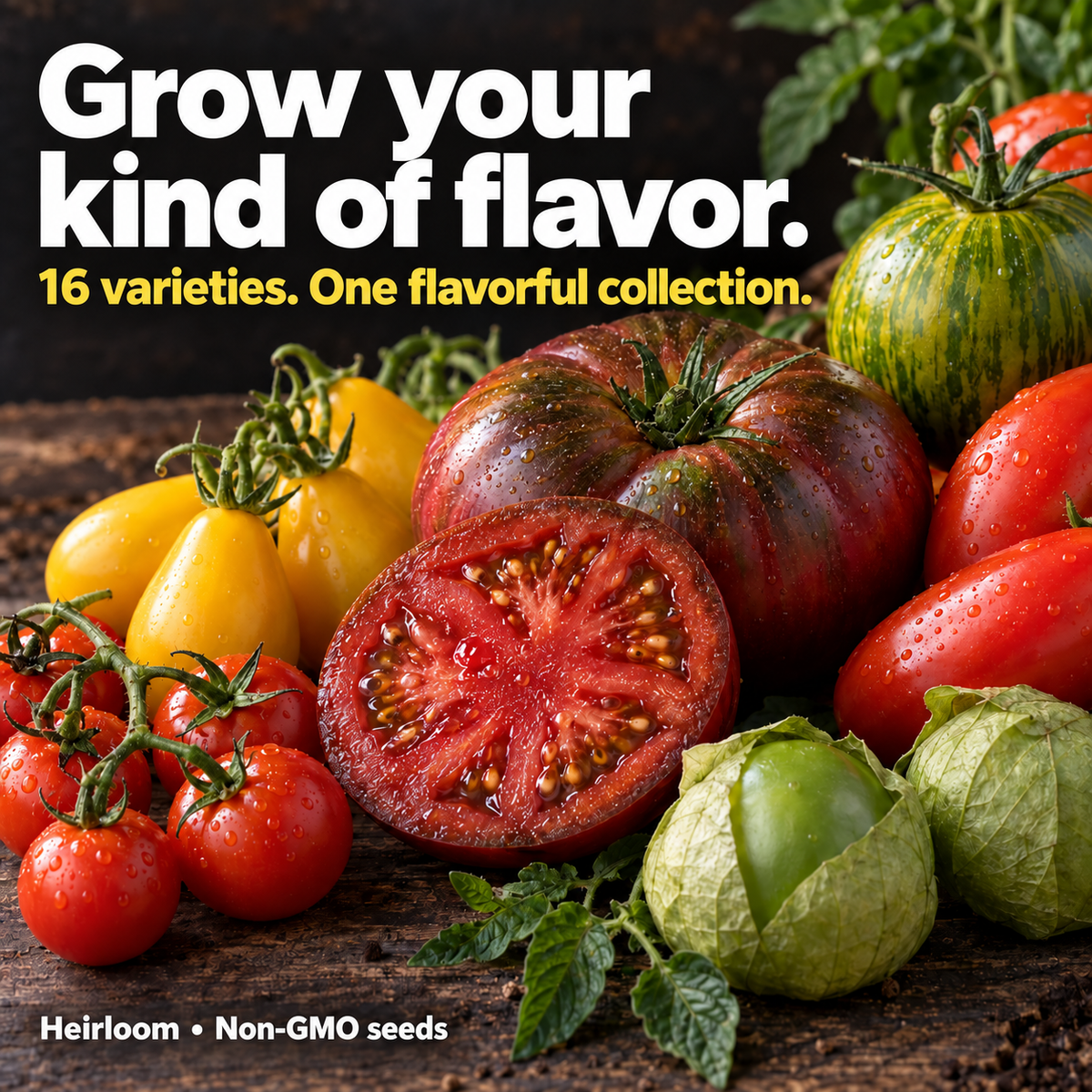 Colorful tomatoes and tomatillos with the message 16 varieties, one flavorful collection