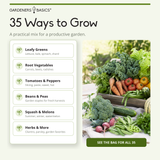 Promotional graphic for Gardeners Basics '35 Ways to Grow' featuring a list of vegetable and herb categories on the left and a photo of fresh vegetables on a table on the right, with a green 'SEE THE BAG FOR ALL 35' button at the bottom.
