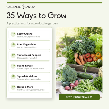 Promotional graphic for Gardeners Basics '35 Ways to Grow' featuring a list of vegetable and herb categories on the left and a photo of fresh vegetables on a table on the right, with a green 'SEE THE BAG FOR ALL 35' button at the bottom.
