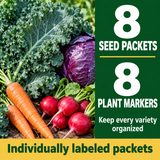 Cool-season vegetable seed assortment includes eight individually labeled seed packets and eight plant markers