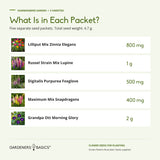 Packet weights: zinnia 800 mg, lupine 1 g, foxglove 500 mg, snapdragons 400 mg and Grandpa Ott Morning Glory 2 g, totaling 4.7 g.