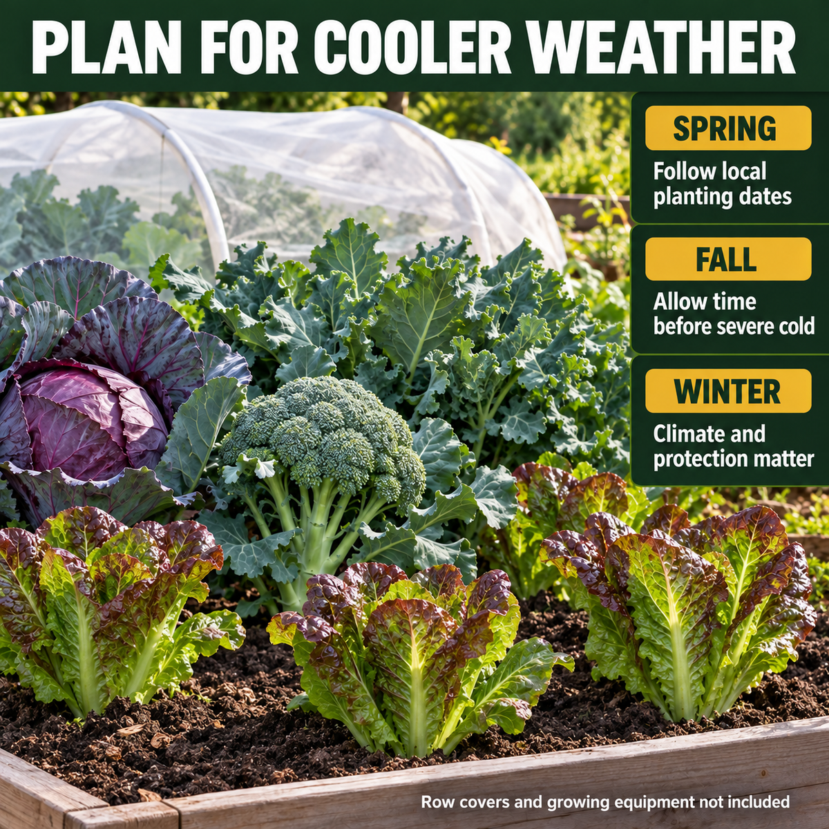Cool-weather garden with cabbage, broccoli, kale and romaine; spring and fall planting guidance, with winter growing dependent on climate and protection