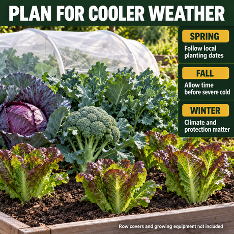 Cool-weather garden with cabbage, broccoli, kale and romaine; spring and fall planting guidance, with winter growing dependent on climate and protection