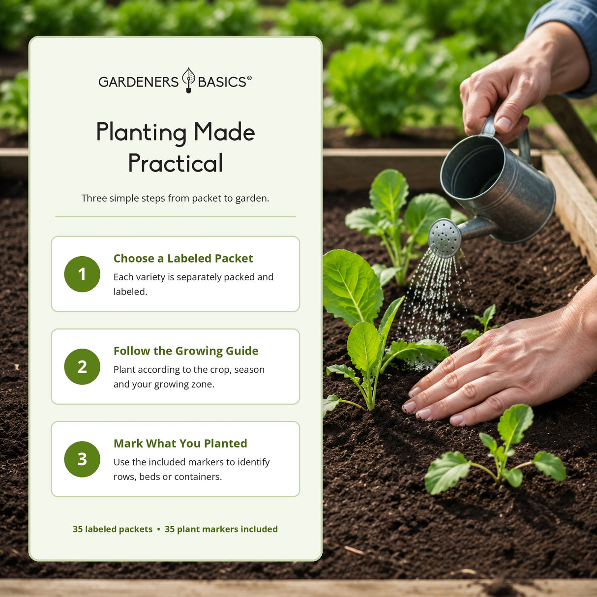 Promotional graphic for Gardeners Basics Planting Made Practical, showing a planting guide on the left and a person watering young plants in a garden bed on the right.