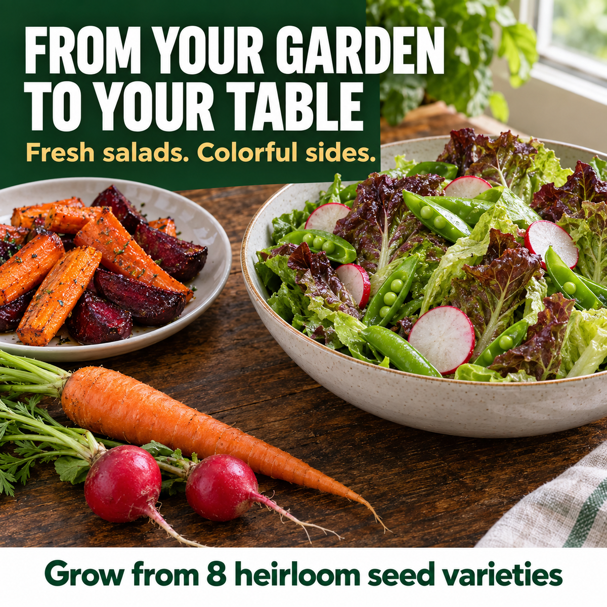 Romaine salad with snap peas and radishes beside roasted carrots and beets, illustrating uses for the included vegetables