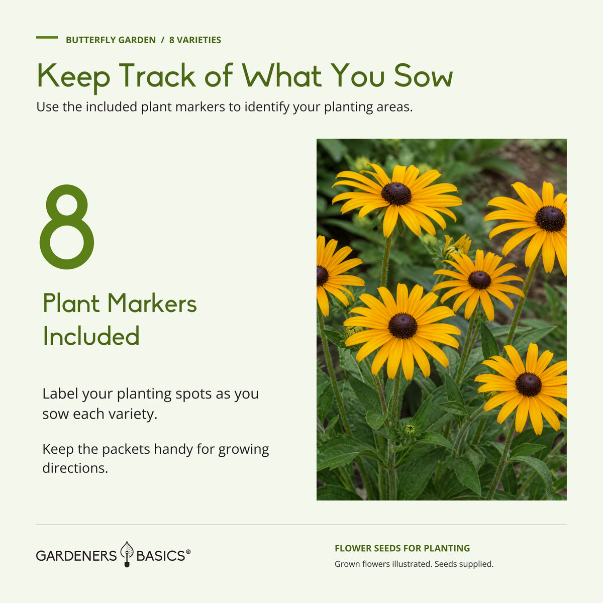 Eight plant markers are included to help identify Butterfly Garden planting areas.