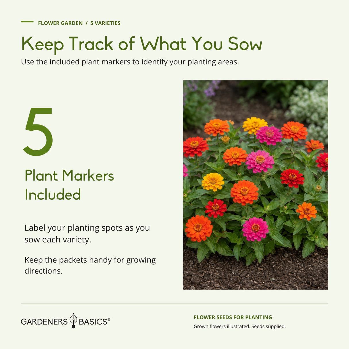 Five plant markers are included to help identify the Flower Garden planting areas.