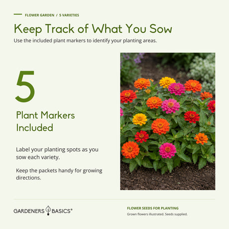 Five plant markers are included to help identify the Flower Garden planting areas.