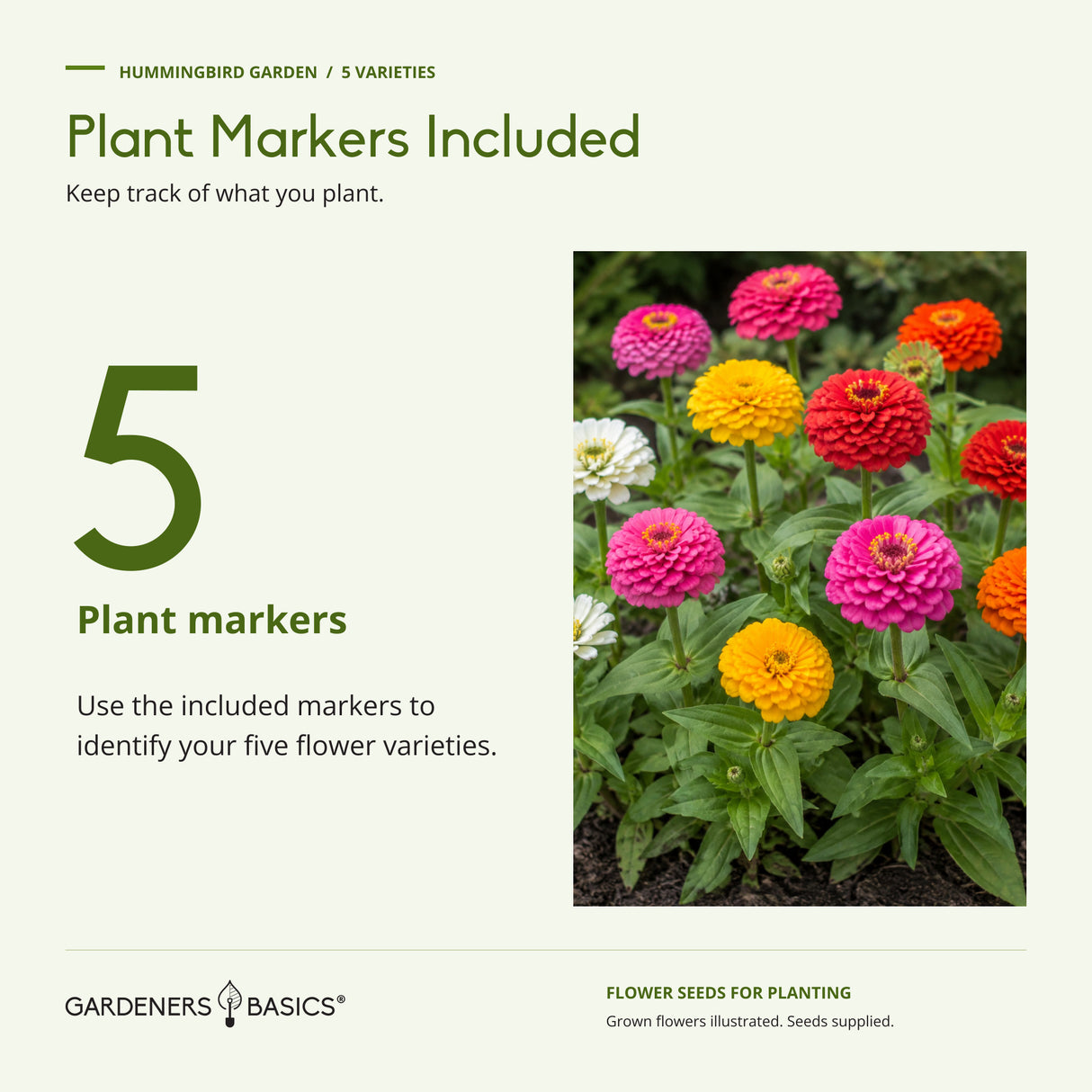 Five plant markers included with the Hummingbird Garden seed set, shown beside illustrated Lilliput Mix Zinnia flowers.