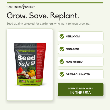 Promotional graphic for Gardener's Basics Seed Safe 35 seeds, showing the product pouch on the left and key selling points on the right: heirloom, non-GMO, non-hybrid, open-pollinated, and sourced & packaged in the USA.