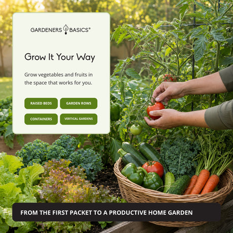 A person's hands harvest a red tomato from a tomato plant in a lush home garden, with a basket of fresh vegetables including carrots, cucumbers, and peppers. A white promotional card on the left reads 'Gardeners Basics' and 'Grow It Your Way' with options for raised beds, garden rows, containers, and vertical gardens.