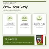 Promotional graphic for Gardeners Basics Grow Your Way garden starter kit, showing three options: Containers, Raised Beds, and Backyard Plots, with a Seed Safe bag pictured in the bottom right corner.
