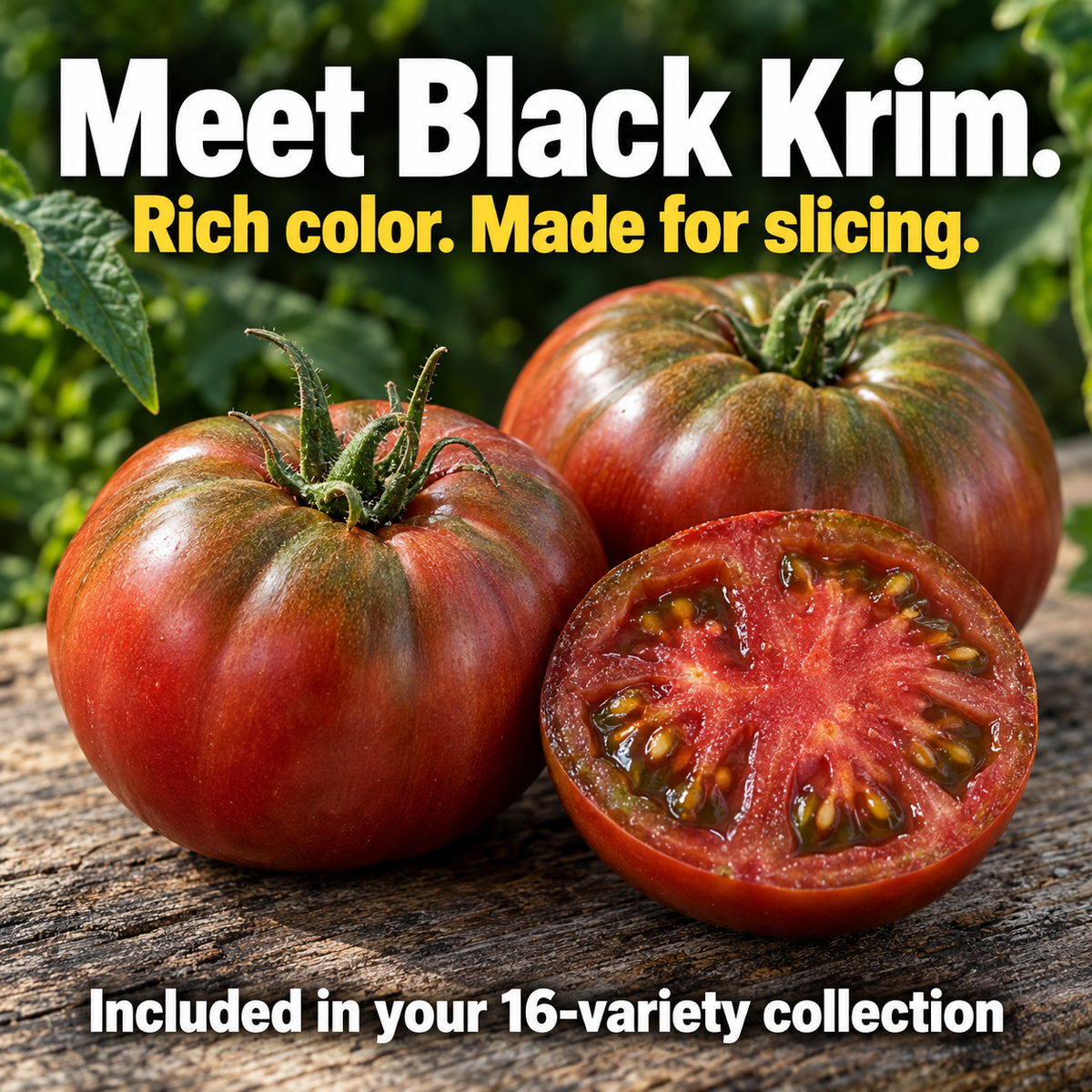 Dark red Black Krim tomatoes shown whole and sliced