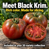 Dark red Black Krim tomatoes shown whole and sliced