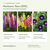 Heirloom, non-GMO flower seeds in separate packets with named varieties and printed growing directions; lupine, snapdragons and morning glory illustrated.