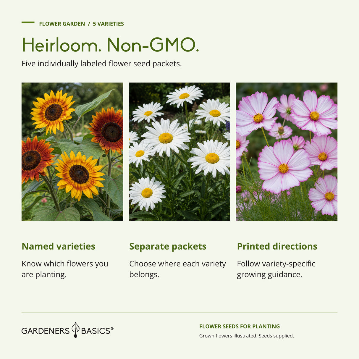 Heirloom and non-GMO Flower Garden seeds in five separate labeled packets with printed growing directions.
