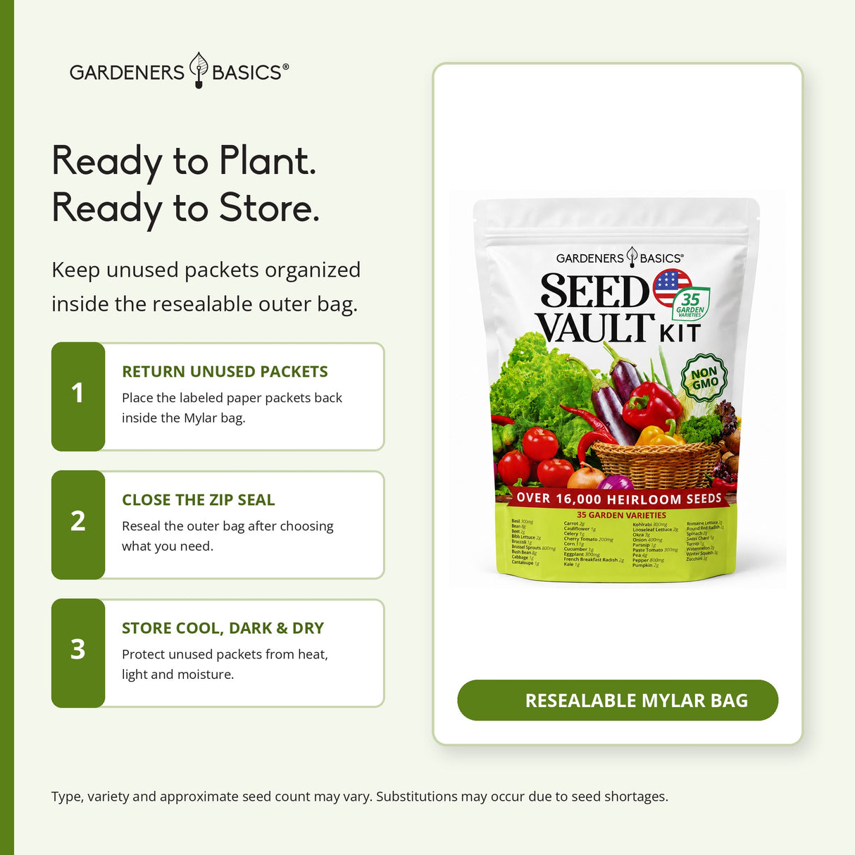 A promotional graphic for Gardeners Basics Seed Vault Kit seeds, showing a resealable Mylar bag package on a white rounded panel with instructions on the left and the product package on the right.