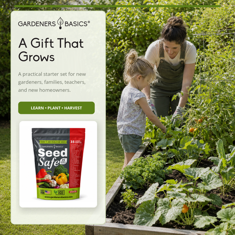 A promotional garden starter set ad from Gardeners Basics. The left side features a clean white panel with the brand logo, the headline 'A Gift That Grows,' descriptive text, and a bag of Seed Safe seed mix.