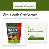 Promotional graphic for Gardeners Basics Seed Safe seeds, showing a stand-up pouch package on the left and marketing text on the right against a white background with a dark green header.