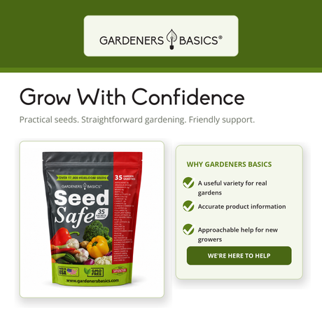 Promotional graphic for Gardeners Basics Seed Safe seeds, showing a stand-up pouch package on the left and marketing text on the right against a white background with a dark green header.