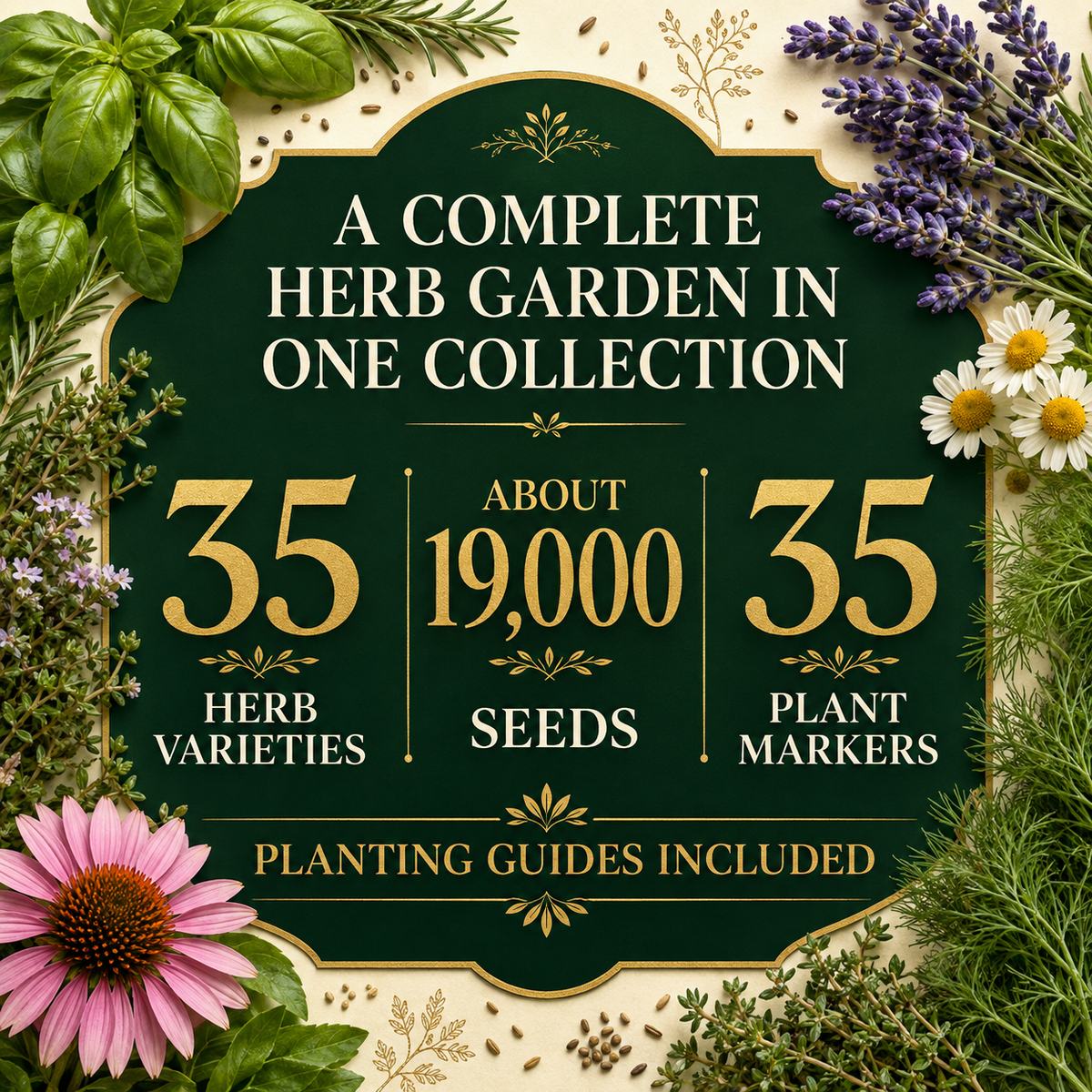35 herb varieties with about 19,000 seeds, 35 plant markers, and planting guides included