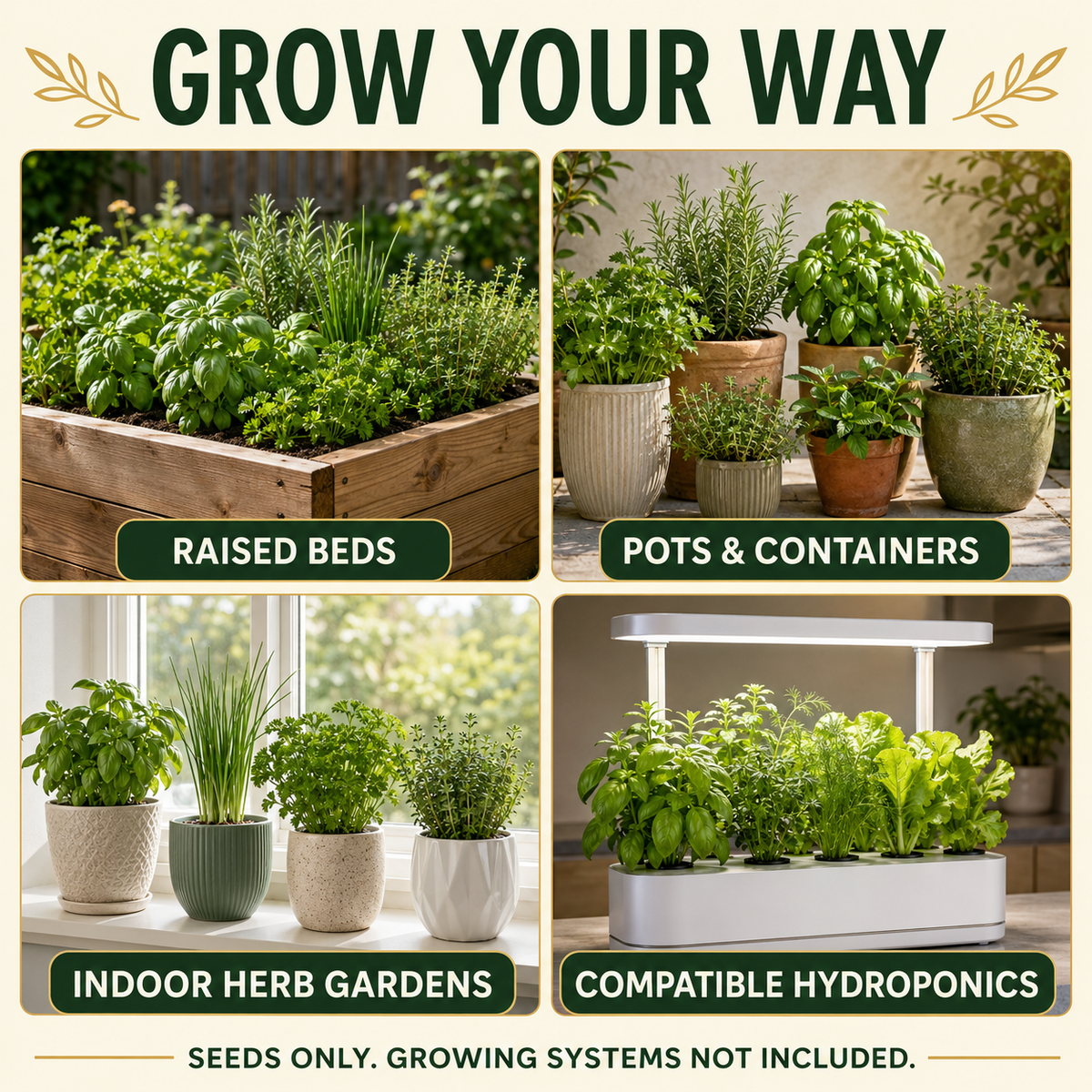 Herbs growing in raised beds, pots, indoor containers, and compatible hydroponic systems