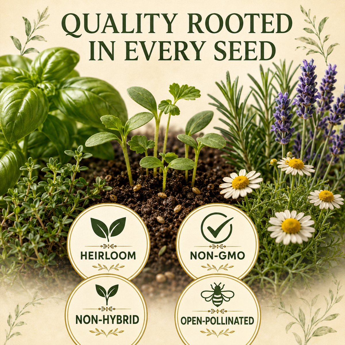 Herb seedlings representing heirloom, non-GMO, non-hybrid, and open-pollinated seeds