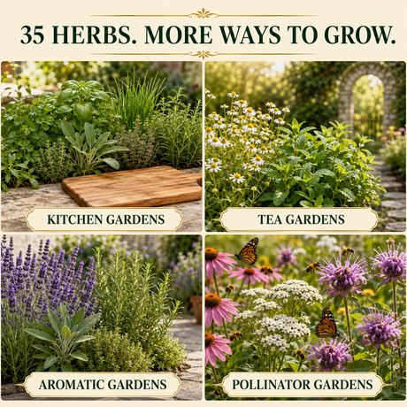 Kitchen, tea, aromatic, and pollinator garden ideas using the 35 herb seed collection