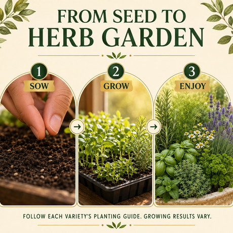 Three-step sow, grow, and enjoy guide showing seeds developing into a mature herb garden