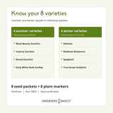Eight squash varieties grouped into four summer and four winter types, with eight seed packets and eight plant markers included