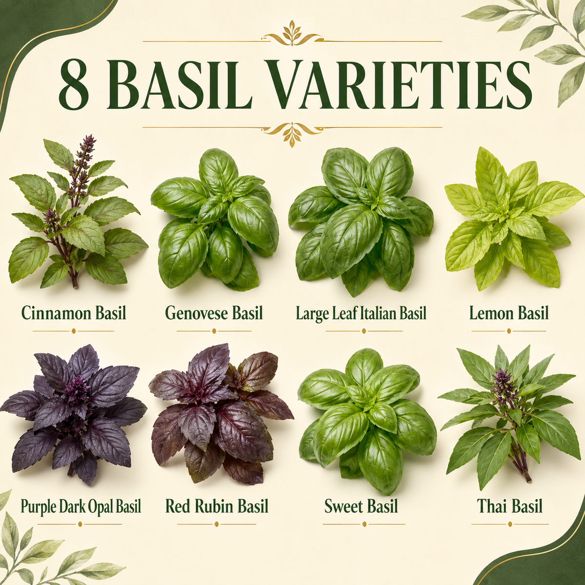 Eight basil varieties: Cinnamon, Genovese, Large Leaf Italian, Lemon, Purple Dark Opal, Red Rubin, Sweet, and Thai basil