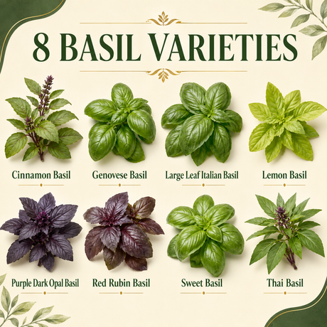 Eight basil varieties: Cinnamon, Genovese, Large Leaf Italian, Lemon, Purple Dark Opal, Red Rubin, Sweet, and Thai basil