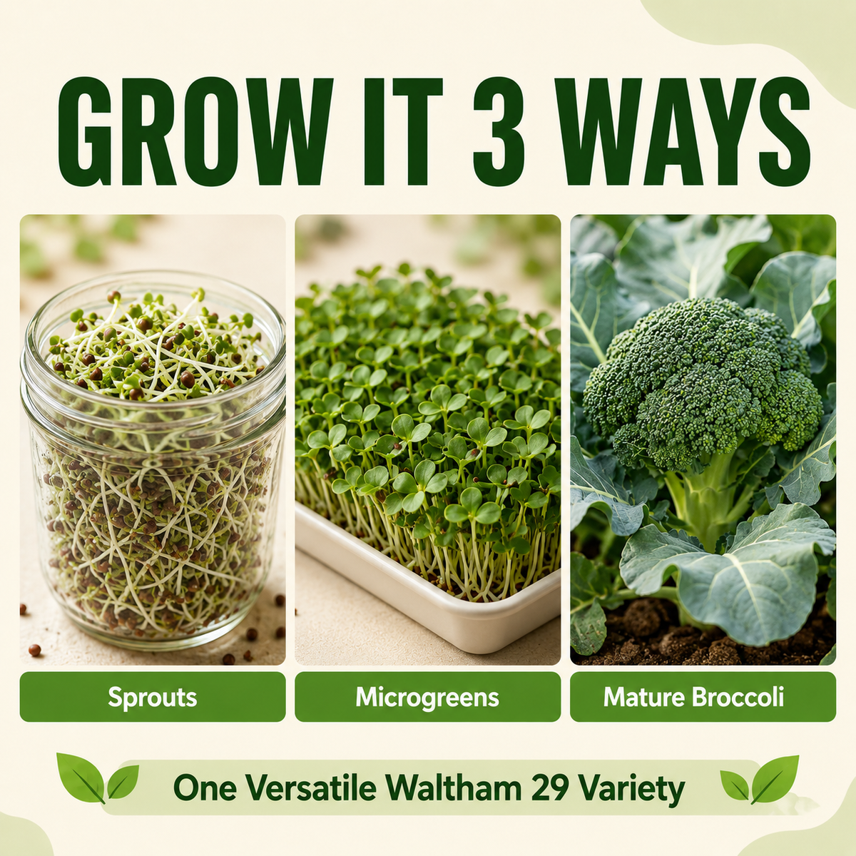 Promotional graphic for a Waltham 29 variety seed mix, titled 'GROW IT 3 WAYS' showing three growing stages: sprouts in a glass jar, microgreens in a tray, and mature broccoli. Text at the bottom reads 'One Versatile Waltham 29 Variety'.