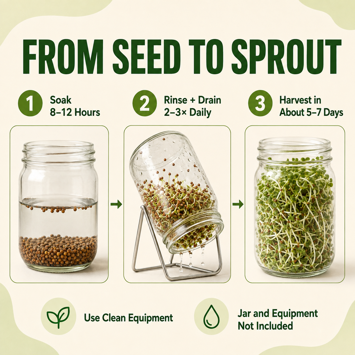 An infographic titled 'FROM SEED TO SPROUT' explains a three-step sprouting process with numbered panels and icons. Step 1 shows seeds soaking in a glass jar for 8-12 hours; Step 2 shows rinsing and draining the seeds daily on a stand; Step 3 shows the jar filled with green sprouts in about 5-7 days.