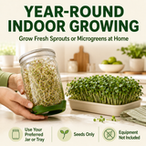 A person holds a clear glass jar with a green base filled with sprouts, with large text reading 'YEAR-ROUND INDOOR GROWING' and smaller text 'Grow Fresh Sprouts or Microgreens at Home.' A tray of green microgreens sits on a countertop in a bright kitchen setting.